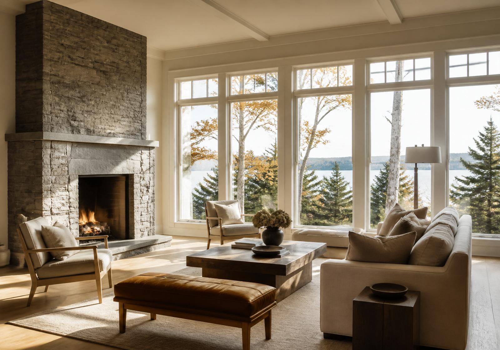 Warm minimal interior of a New England coastal home, grey granite fireplace and tall mullioned windows opening onto autumn birches and a lake beyond. Illustrative.