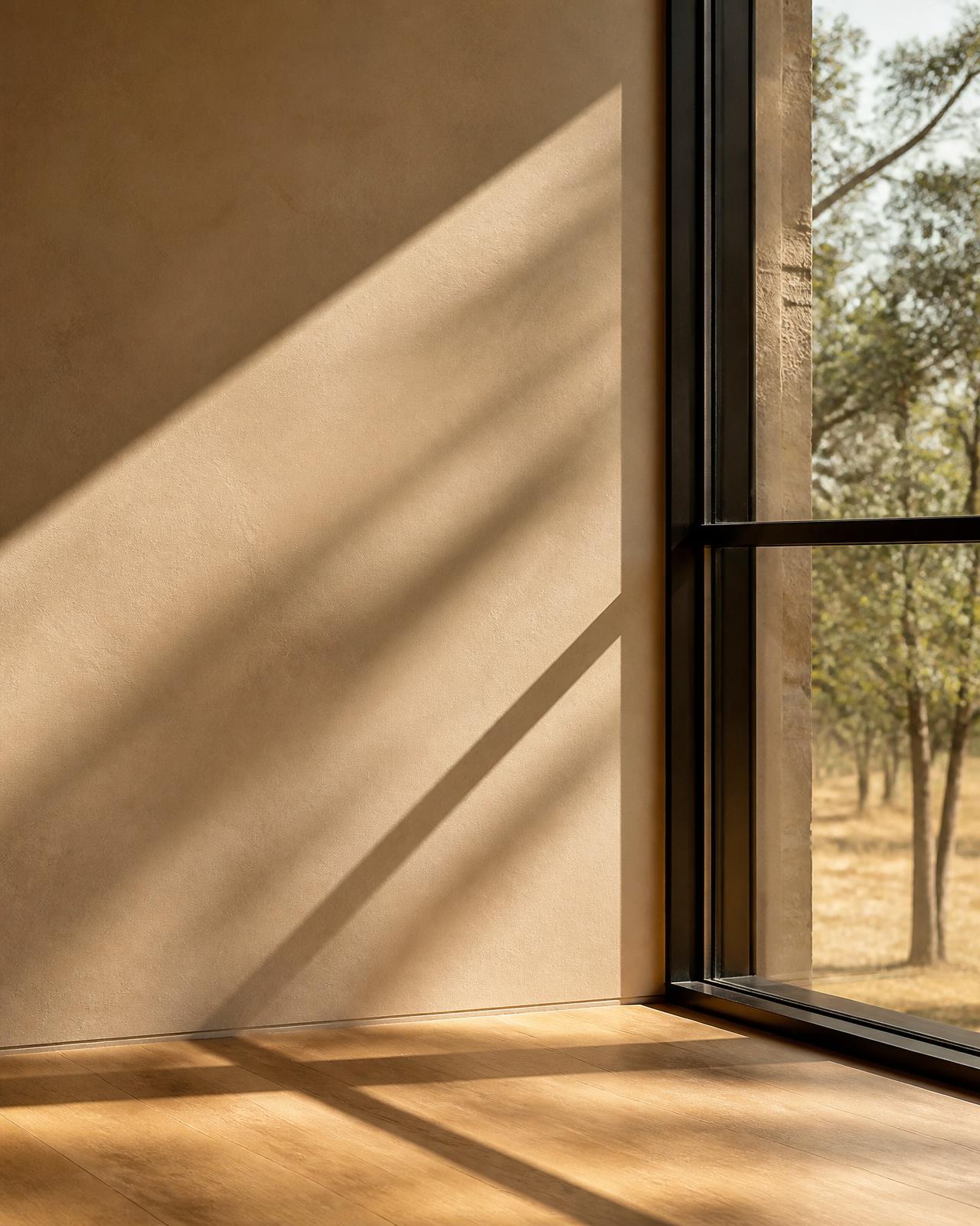 Diagonal shafts of late-afternoon light falling across a warm plaster wall and white oak floor inside a warm minimal custom home. Illustrative.