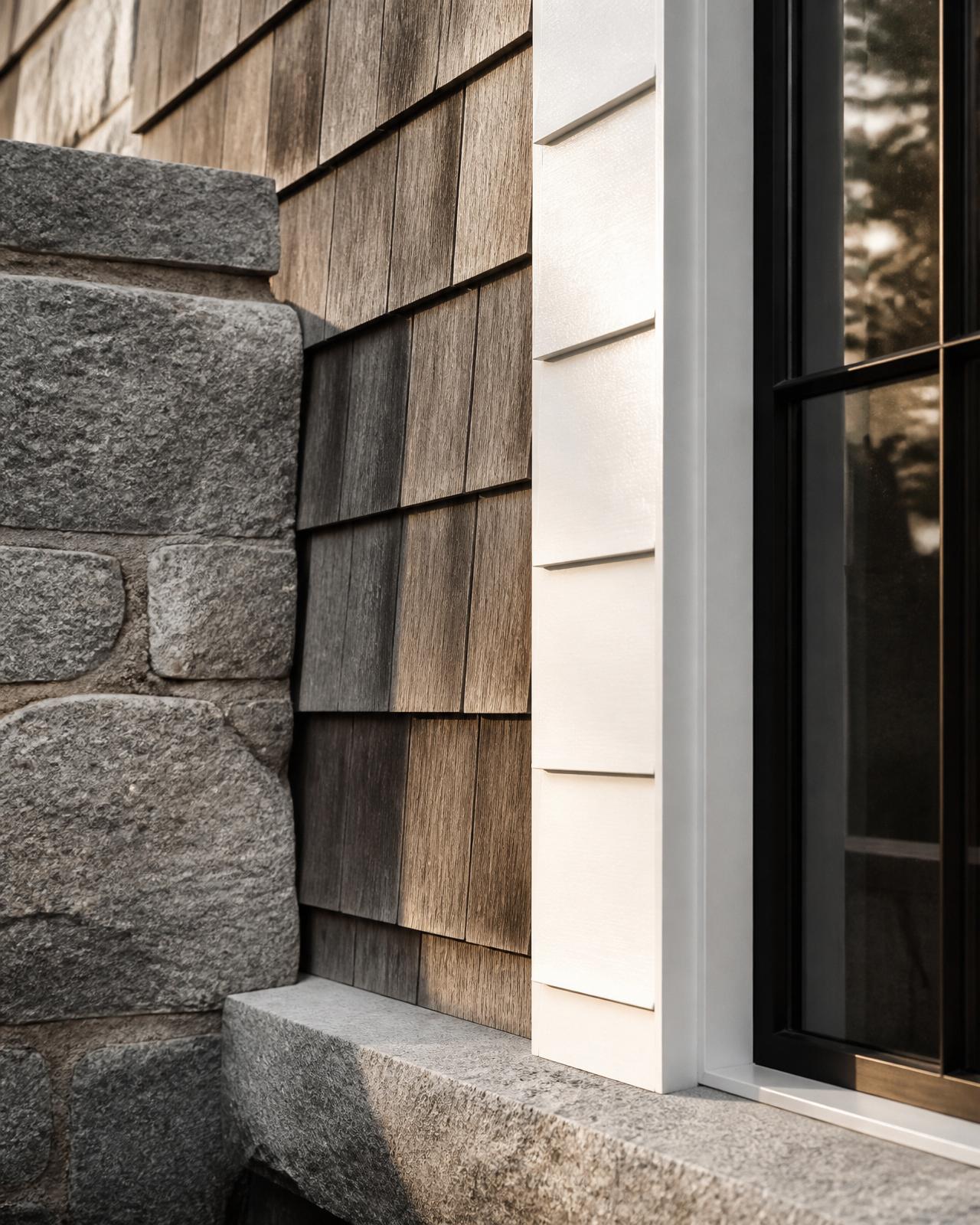 New England granite meeting weathered cedar shake, painted white clapboard and a slim blackened steel window. Illustrative material study.