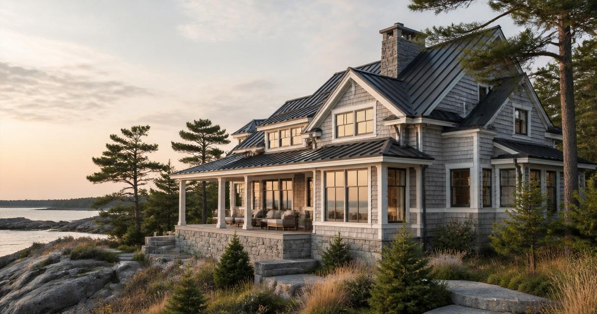 Illustrative exterior rendering, mid-coast Maine shingle-style coastal home with cedar shake, painted clapboard, granite base and standing seam metal roof.