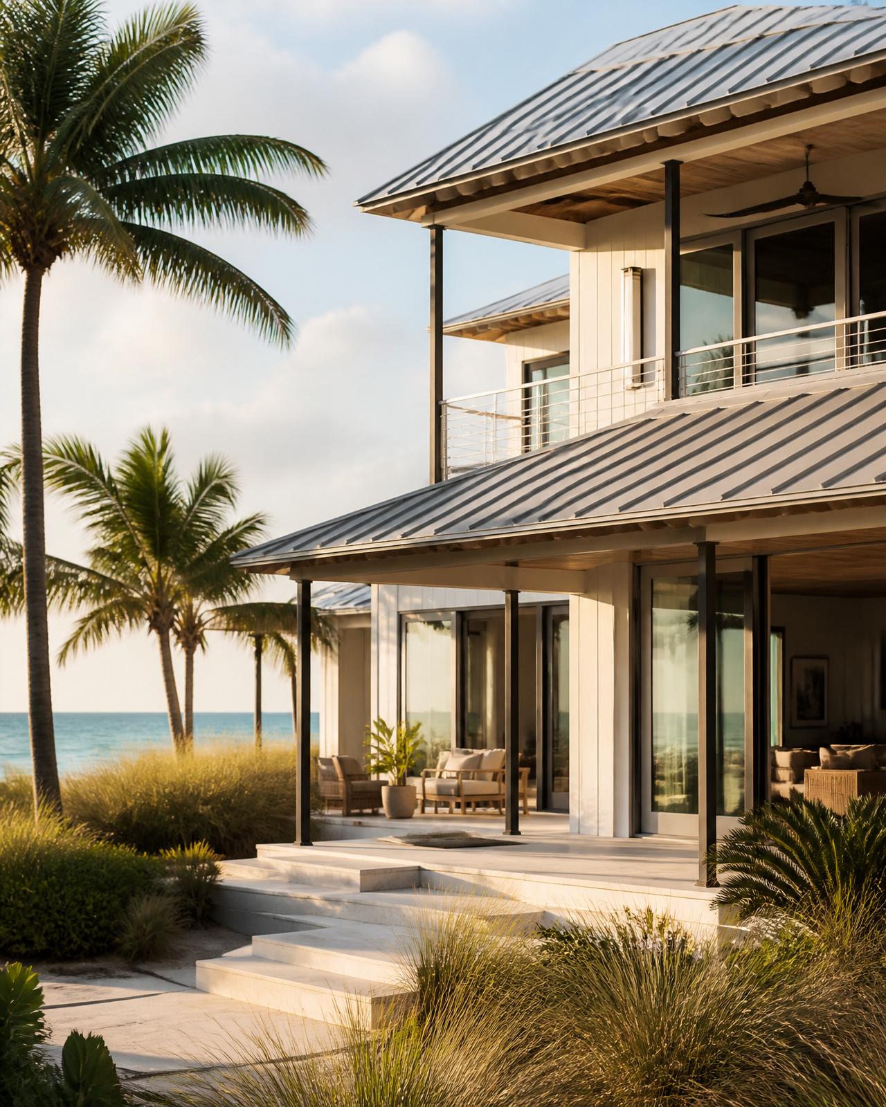 Coastal Florida contemporary custom home with white stucco and board-and-batten, standing seam metal roof, deep covered porches, palms and a Gulf-side terrace at warm afternoon light. Illustrative.