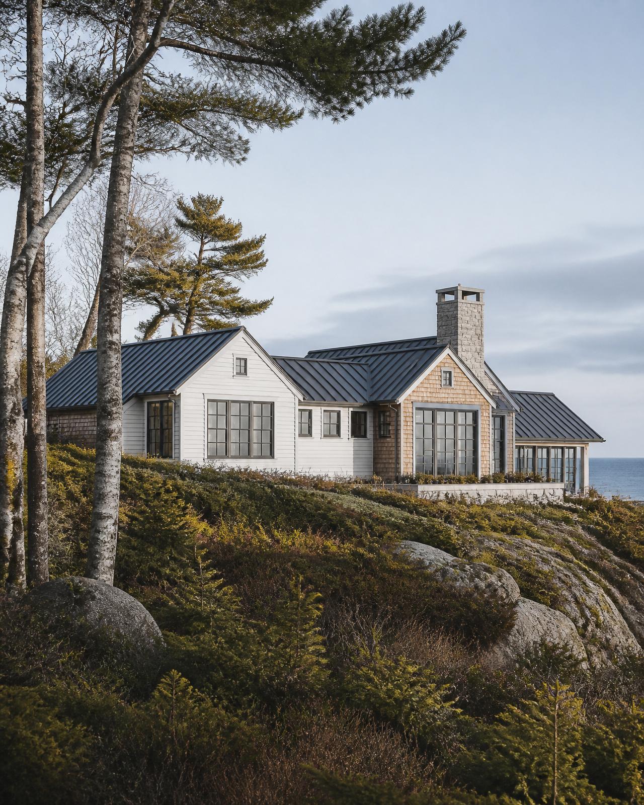 Three-quarter massing of a coastal New England modern-traditional home along a rocky bluff. Illustrative proportion study.